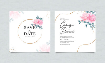 Wedding card template set with beautiful roses and leaves