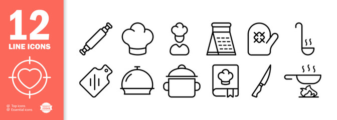 Cooking set icon. Rolling pin, chef's hat, grater, oven mitt, ladle, cutting board, saucepan, cookbook, knife, frying pan. Food concept. Vector line icon for Business and Advertising