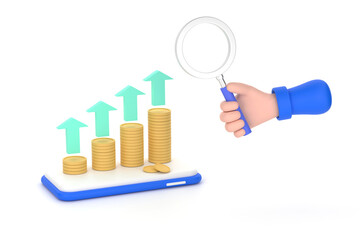 hand holding magnifying glass and coins, graph on a mobile phone concept of financial management