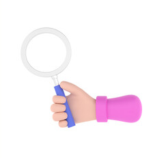 Cartoon hand holding magnifying glass isolated