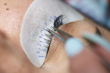 close-up eyelash extension. tweezers pushes the cilia, highlighting one. a special paper patch is...