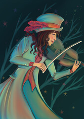 Mujer tocando violín en la noche