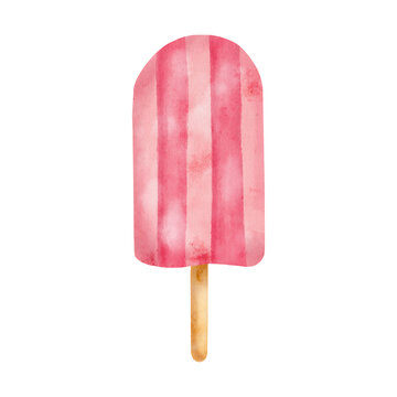 Watercolor pink popsicle. Hand drawn berry ice cream pop isolated on white background. Summer frozen dessert on stick. Fruit ice lolly sketch, strawberry paleta illustration. Beach party food sketch.