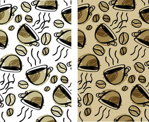 Coffee time - hand drwn doodle lettering label/ Coffee pattern background. 