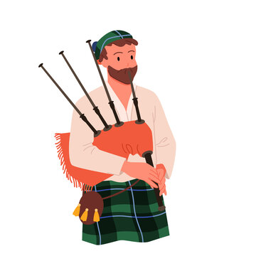 Scottish bagpipe player. Woodwind traditional musical instrument, Scotland man bagpiper, national instrumental festival, people culture and traditions vector illustration
