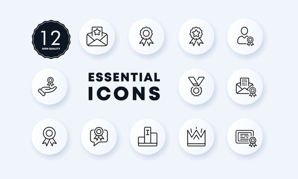 Victory set icon. Letter, envelope, star, medal, order, crown, winner, hand, first place. Reward concept. Neomorphism style. Vector line icon for Business and Advertising