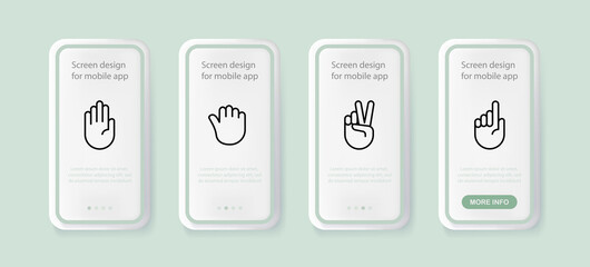 Non verbal communication set icon. Hand, stop, fist, win, two fingers, index finger, point. Sign language concept. UI phone app screens. Vector line icon for Business and Advertising