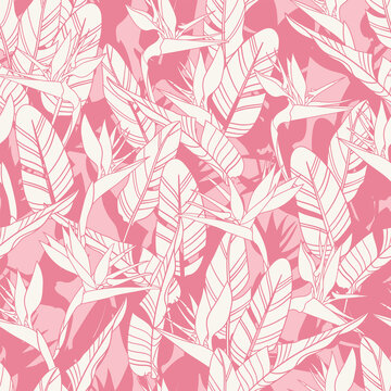 Botanical Hawaiian seamless pattern. Tropical flower vector background. Strelitzia reginae flowers and leaves. Summer beach vacation fashion print.