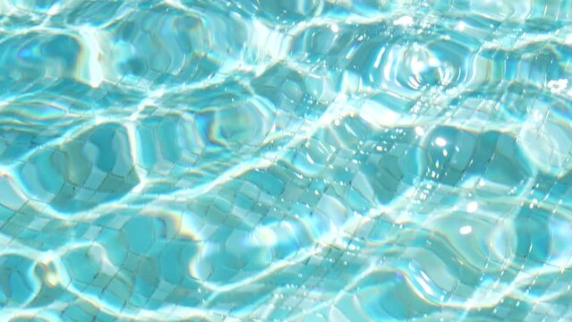 Blurry defocused shiny sunny blue abstract 4k video background of defocused rippling water of outdoor swimming pool. Blurred surface of blue swimming pool