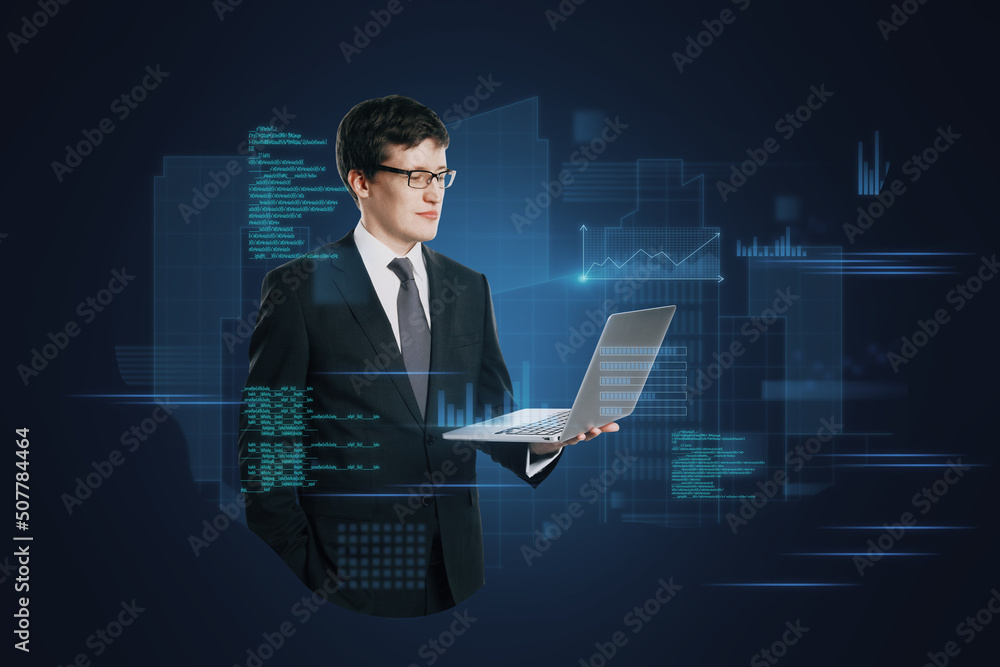 Poster Attractive young european man with laptop standing on abstract blue background with coding and tech information. Database, cloud computing and science concept. Double exposure.