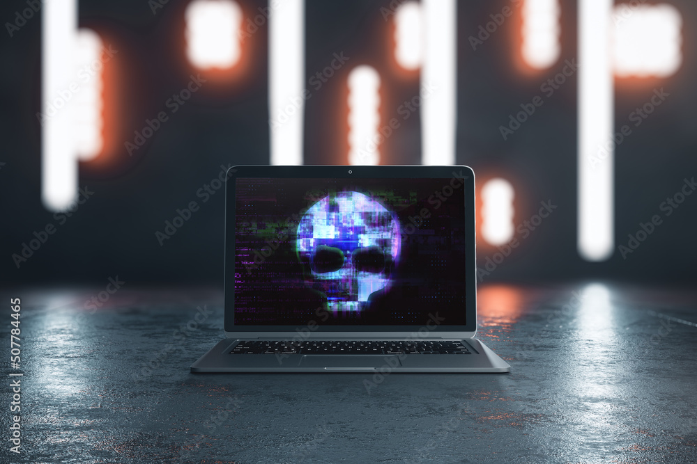 Poster Close up of laptop screen with abstract digital skull on grunge background with blurry lights. Hacking, malware, and phishing concept. 3D Rendering.
