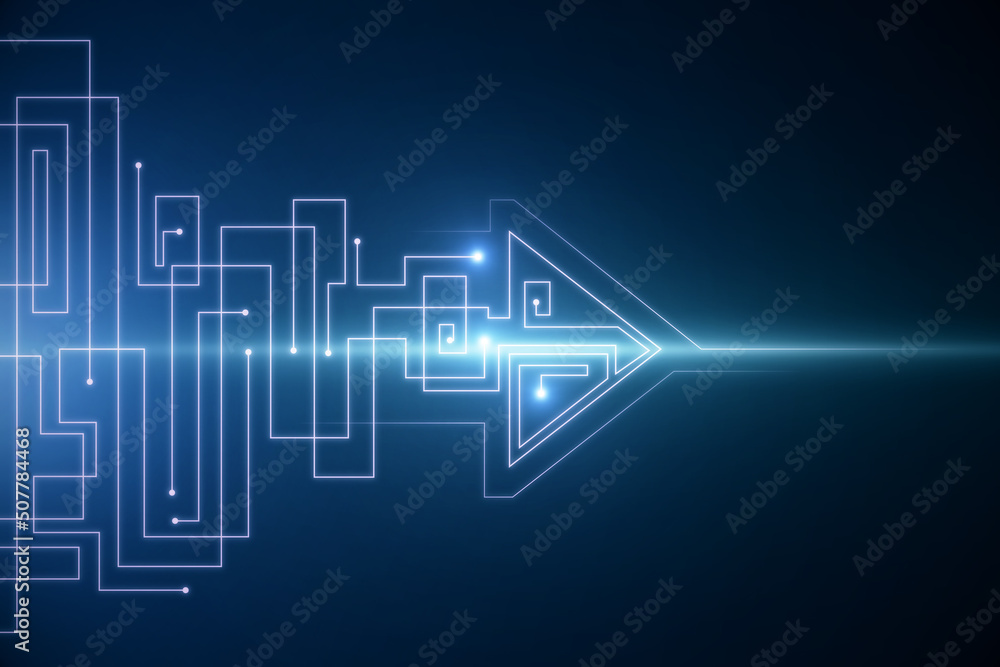 Poster creative glowing digital startup arrow on blue background with light and mock up place. start up, bu
