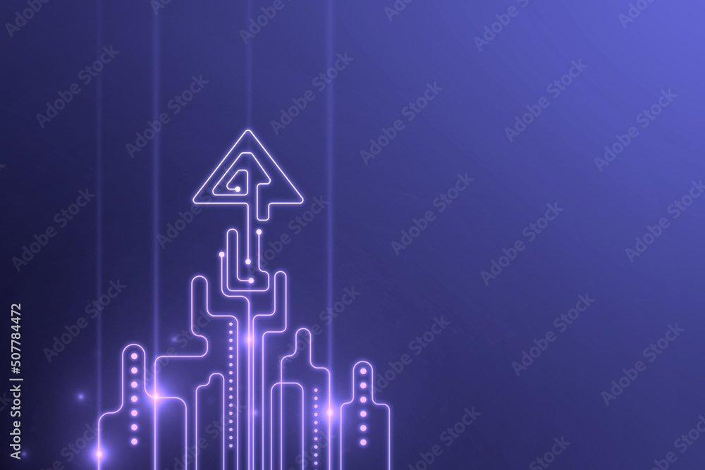 Poster Creative abstract glowing digital startup arrow on blue backdrop with light and mock up place. Start up, business, innovation and direction concept. 3D Rendering.