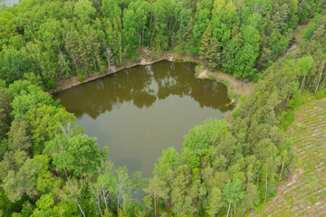 Niewielki zbiornik wodny, staw położony w lesie. Brzegi są piaszczyste w głębi wysokie iglaste i liściaste drzewa. Niebo jest zachmurzone. Widok z drona.