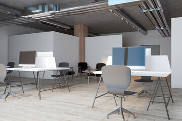 Fototapeta na wymiar Modern coworking office interior with empty computer screens on desks and wooden flooring. Workplace concept. 3D Rendering.