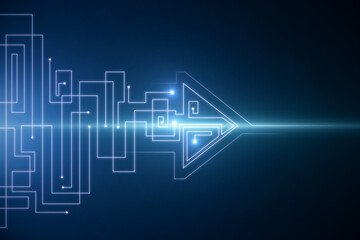 Creative glowing digital startup arrow on blue background with light and mock up place. Start up, business, innovation and direction concept. 3D Rendering.