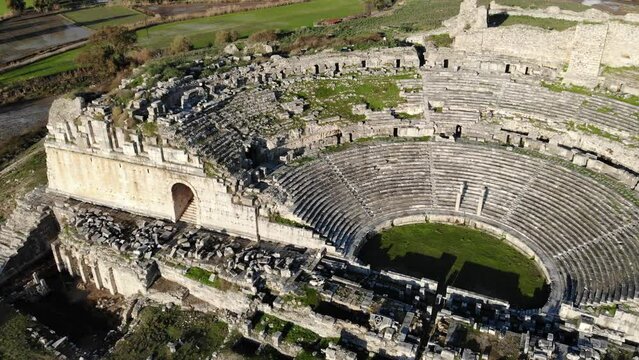 Top view from side of Miletus ancient theater ruins. Turkey