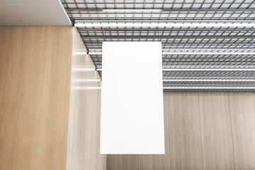 Close up of empty white stopper hanging in wooden interior with industrial ceiling. Mock up, 3D Rendering.