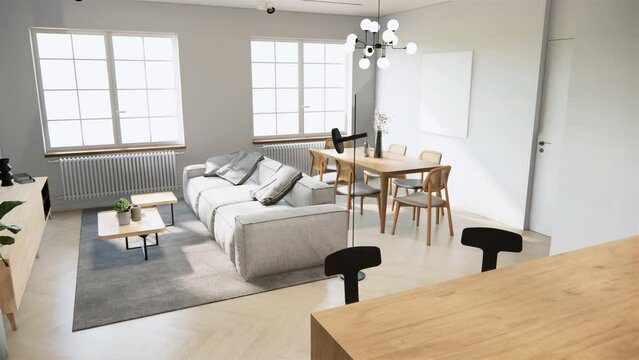 4K video animation of mock up minimal japanese style studio room interior design and decoration with light grey fabric sofa and pillow wooden dining table and chairs. 3d rendering room interior scene.
