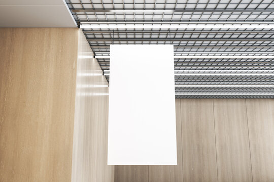 Close up of empty white stopper hanging in wooden interior with industrial ceiling. Mock up, 3D Rendering.