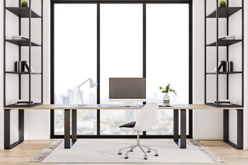 Modern office interior with book shelves, furniture, panoramic city view and empty white mock up computer screen. Creative designer desktop concept. 3D Rendering.