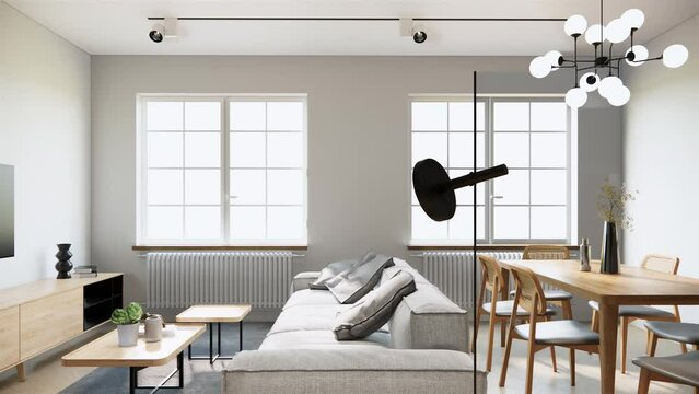Mock up studio apartment room interior design and decoration with grey fabric sofa wooden dining table and chairs blank black screen tv on wall and sunlight from window. 3d rendering 4K video room.