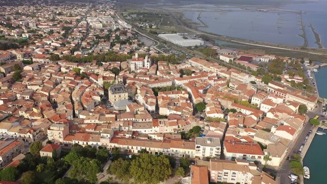 Bird's eye view of Frontignan, south France. Residential buildings and town hall visible from above.