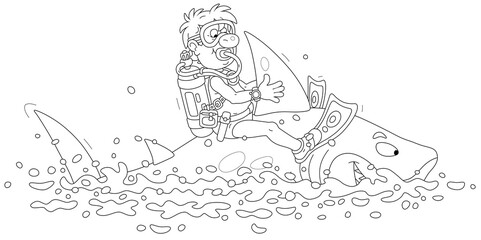 Funny scuba diver with a mask, flippers and an aqualung riding a merry great white shark in a tropical sea on summer vacation, black and white vector cartoon illustration for a coloring book © Alexey Bannykh