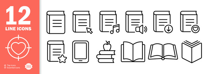 Books set icon. Learn, read, study, download, online, audio, ebook, favorites, apple. Knowledge concept. Vector line icon for Business and Advertising
