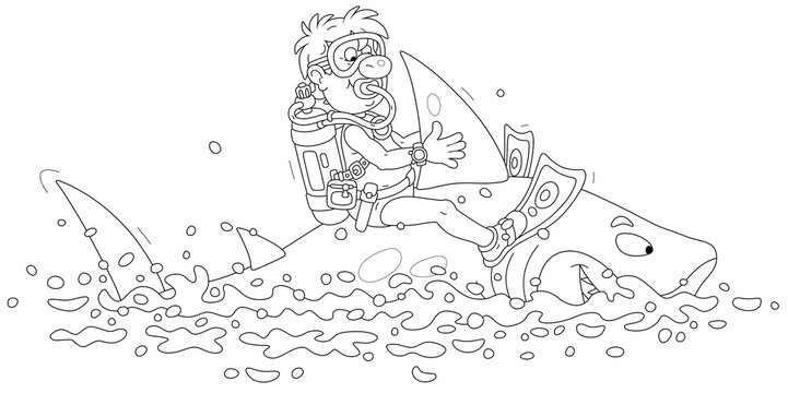 Funny scuba diver with a mask, flippers and an aqualung riding a merry great white shark in a tropical sea on summer vacation, black and white vector cartoon illustration for a coloring book