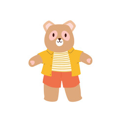 Cute teddy bear children soft toy. Stuffed plush animal for child, childhood plaything, having fun with cuddly bear, cotton friend for kids, handmade gift vector illustration