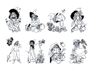 Outline vector Witches girls characters. Cute witches girls and pumpkins. Halloween outline illustrations. Halloween characters.
