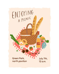 Picnic poster, summer picnic invitation template, picnic basket with food, outdoors weekend banner. Top view illustration. Garden feast card, picnic blanket, baguette, wine, grapes, tomatoes. - obrazy, fototapety, plakaty