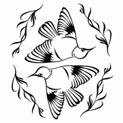 Ornament with birds and branches. Graceful black and white ink drawing. Linear drawing. Silhouette of flying birds with spread wings. Vector floral illustration.