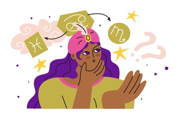 Girl thinks about the compatibility of the signs of the zodiac. Astrology and business. Drawing up a horoscope according to the natal chart. Consultation of clients. Flat style in vector illustration.