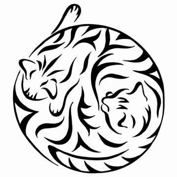 Two cats hugging. Sketch logo. Linear drawing. Pet shop symbol. 