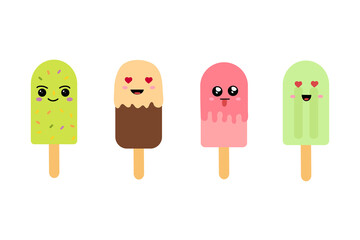 Set of ice cream on a stick. Kawaii, set of cute emoji icons. Hand drawn emotional cartoon characters, funny positive emotions. Vector illustration isolated on white background.