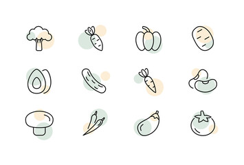 Vegetables set icon. Broccoli, carrot, pumpkin, potato, avocado, cucumber, bean, mushroom, chili pepper, eggplant, tomato. Healthy eating concept. Vector line icon for Business and Advertising