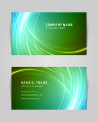 Naklejka premium Abstract business card with spiral swirls vector template. Green geometric lines futuristic gradient dance. Creative trendy textures in muted colors. Modern fantastic branding with opening tracery.