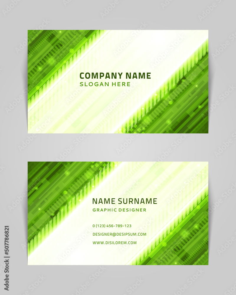 Wall mural abstract business card with linear shapes and dots vector banner. techno green stripes template with