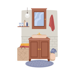 Sink basin and mirror bathroom interior furniture in flat cartoon design. Vector wash tap and shelf with face care products, towels and flower decoration, lamp and carpet. Modern closet illustration