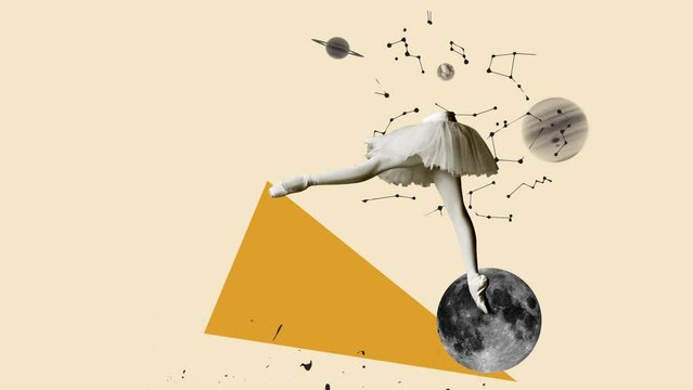 Contemporary art collage. Inspiration, idea, trendy urban magazine style. Female legs dancing on moon on geometrical background. Stop motion and 2D animation
