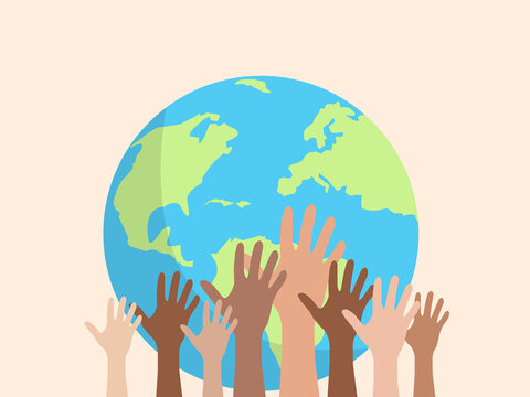 vector image of human hands of different nationalities and planet Earth