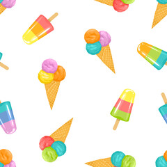 Multicolored ice cream balls in waffle cones and  Ice lolly on white background. Vector cartoon seamless pattern with summer sweets. 