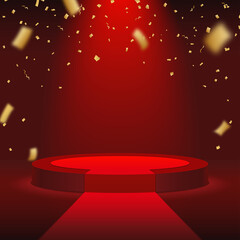Celebration design with realistic 3d shine gold confetti. Round podium with red carpet. Sale banner with cool retail display and spotlight. Premium advertising. Theater stage. Nightlife symbol. Party.