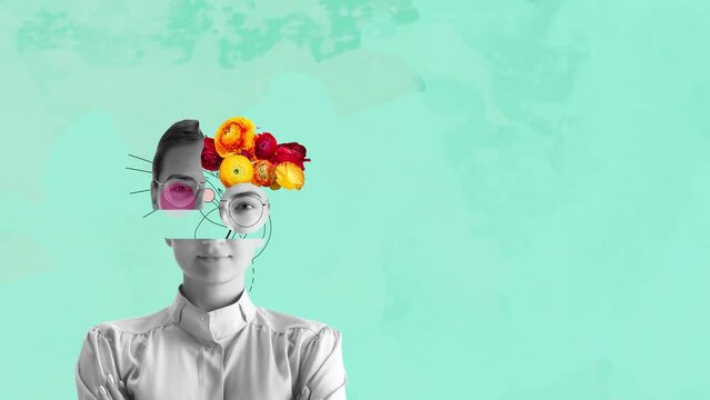 Contemporary art collage. Beautiful young girl and red yellow flowers isolated on light blue background. Modern artwork. Stop motion and 2D animation