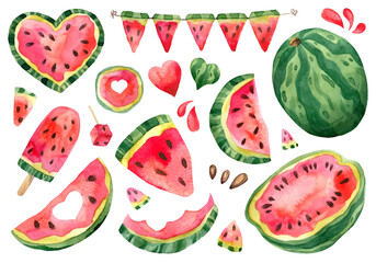 Collection of watercolor watermelon for design. Illustration pieces of dessert for summer festival decoration. Slices of juicy tropical fruit isolated on white background. Garland of berry, ice cream