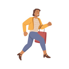 Female character with bag on shoulder running to shop or store for special offer. Promotion and sale in supermarket, shopaholic hurrying up to buy goods in stock, vector illustration