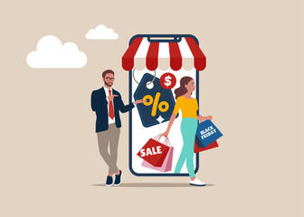 Woman shop online stor, promo purchase marketing. Black friday shop.