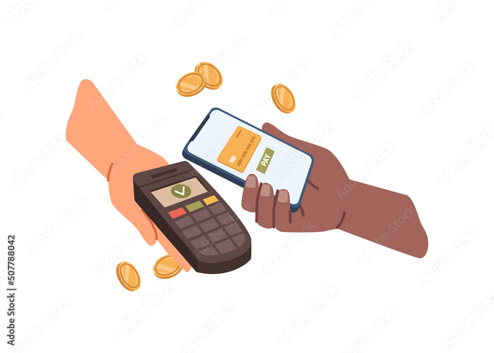 Aufkleber wireless and contactless way of paying, payment with smartphone with nfc. isolated terminal and phon